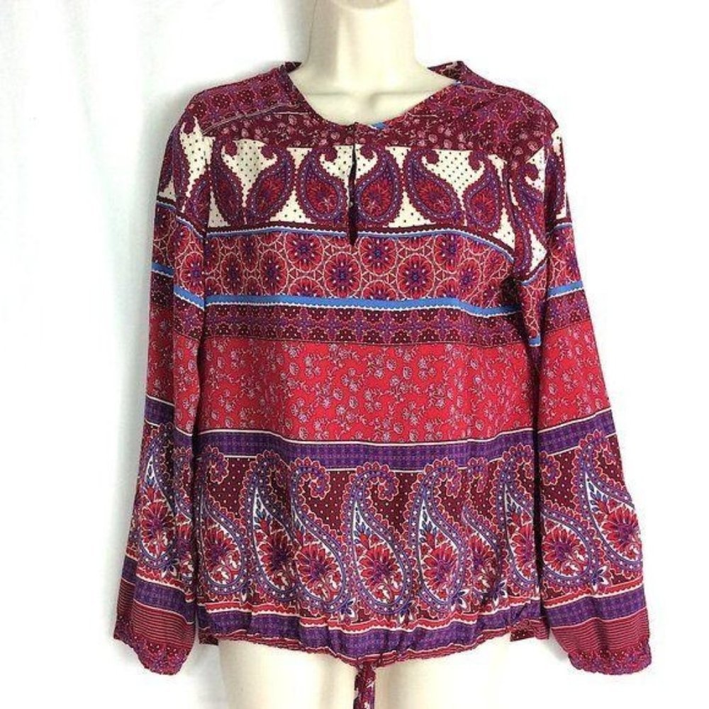4/$25 Crosby Top Blouse Boho‎ Paisley Tie Gathered Waist Long Sleeve Women's M